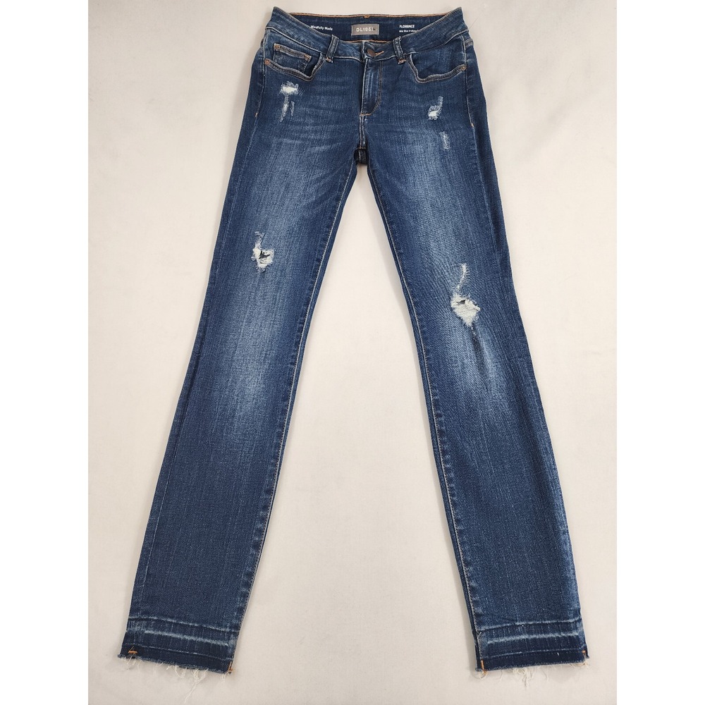 DL1961 Florence Mid Rise Instasculpt Skinny Jeans Navy Strive Distressed 26x28